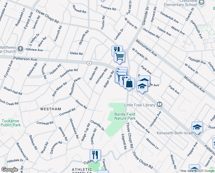 map of restaurants, bars, coffee shops, grocery stores, and more near 1013 Ridge Top Road in Richmond