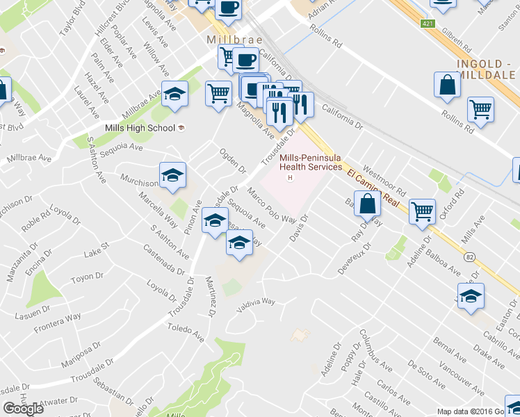 map of restaurants, bars, coffee shops, grocery stores, and more near 1735 Marco Polo Way in Burlingame