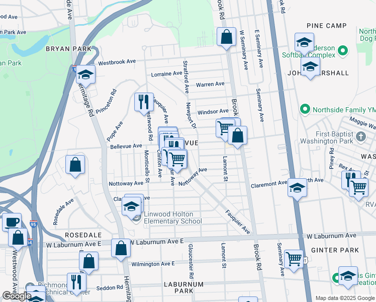 map of restaurants, bars, coffee shops, grocery stores, and more near 4021 Fauquier Avenue in Richmond