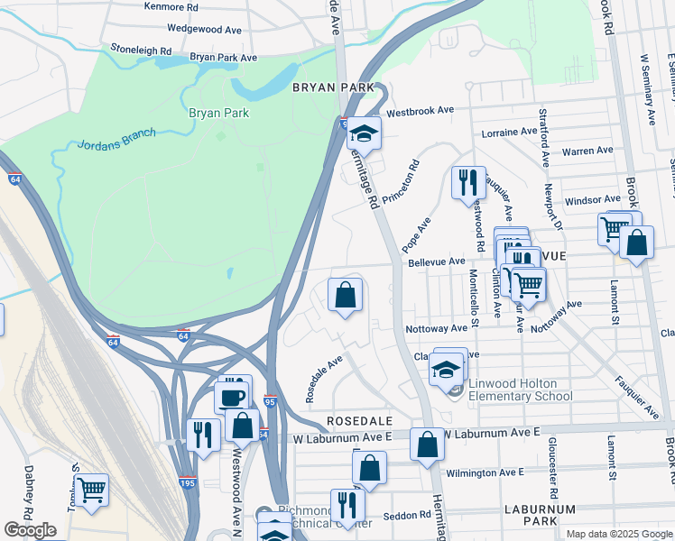 map of restaurants, bars, coffee shops, grocery stores, and more near 1770 Bellevue Avenue in Richmond
