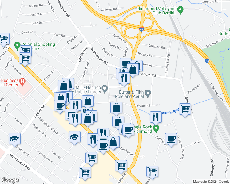 map of restaurants, bars, coffee shops, grocery stores, and more near 5000 Bakers Mill Lane in Richmond