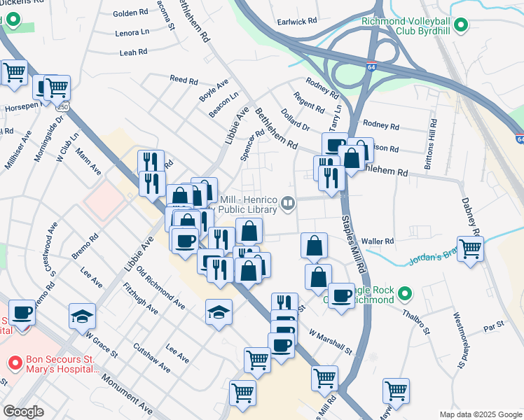 map of restaurants, bars, coffee shops, grocery stores, and more near 2100 Libbie Lake West Street in Richmond