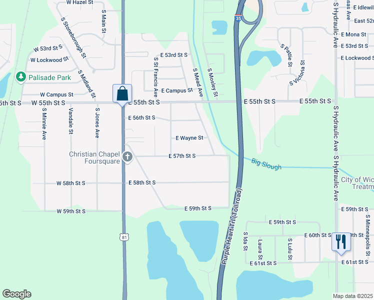 map of restaurants, bars, coffee shops, grocery stores, and more near 624-632 East 57th Street South in Wichita