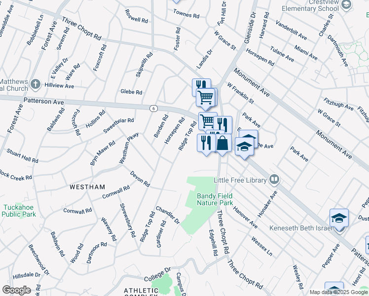 map of restaurants, bars, coffee shops, grocery stores, and more near 1013 Ridge Top Road in Richmond