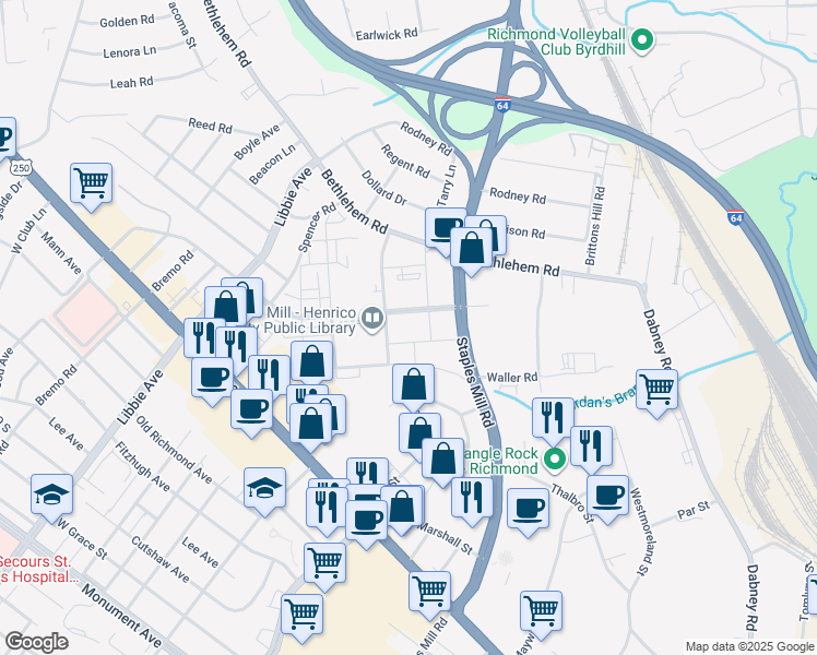 map of restaurants, bars, coffee shops, grocery stores, and more near 5001 Libbie Mill East Boulevard in Richmond