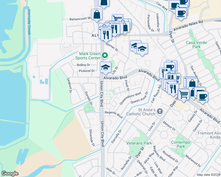 map of restaurants, bars, coffee shops, grocery stores, and more near 4452 Viejo Way in Union City