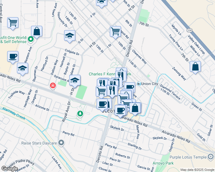 map of restaurants, bars, coffee shops, grocery stores, and more near 1501 Decoto Road in Union City