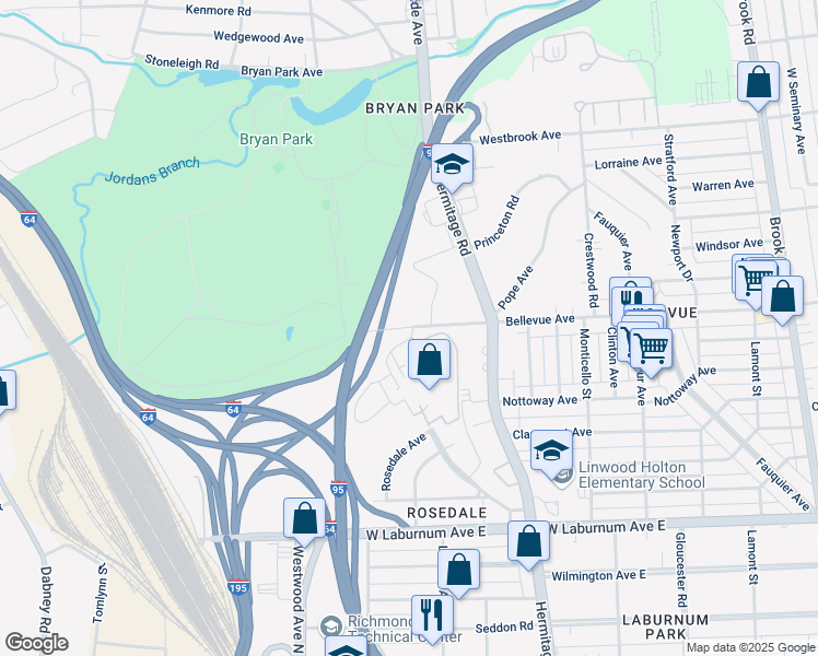 map of restaurants, bars, coffee shops, grocery stores, and more near 2222 Bellevue Avenue in Richmond