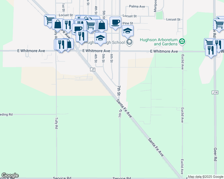 map of restaurants, bars, coffee shops, grocery stores, and more near 3000 Santa Fe Avenue in Hughson