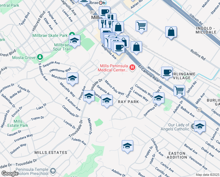map of restaurants, bars, coffee shops, grocery stores, and more near 1751 Marco Polo Way in Burlingame