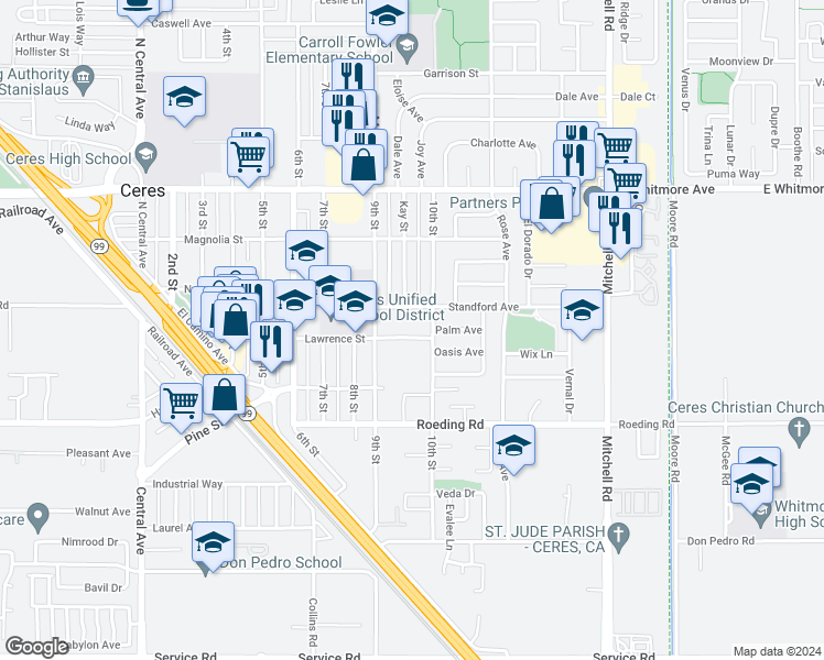 map of restaurants, bars, coffee shops, grocery stores, and more near 2616 Lawrence Street in Ceres