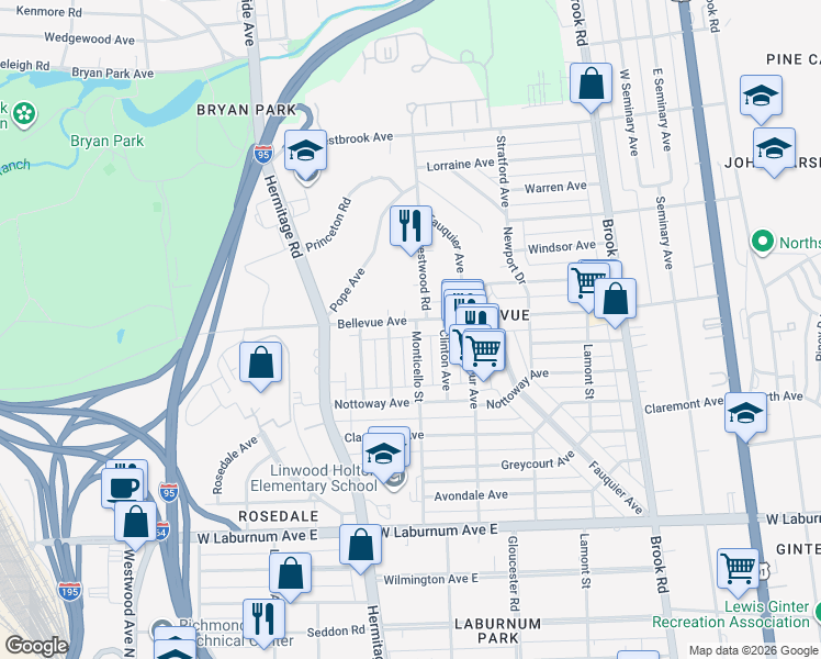 map of restaurants, bars, coffee shops, grocery stores, and more near 4031 Monticello Street in Richmond