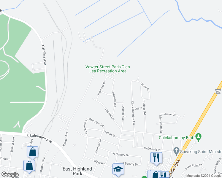 map of restaurants, bars, coffee shops, grocery stores, and more near 4602 Carpenter Road in Richmond