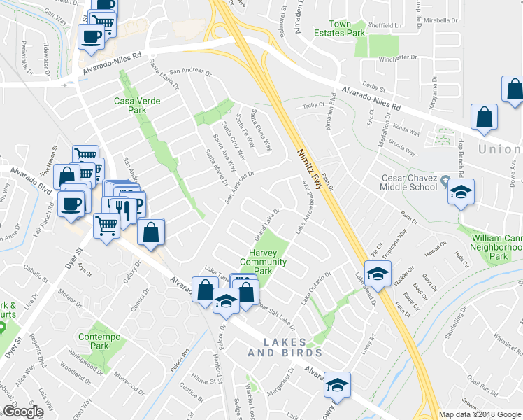 map of restaurants, bars, coffee shops, grocery stores, and more near 32471 Lake Ree Street in Fremont