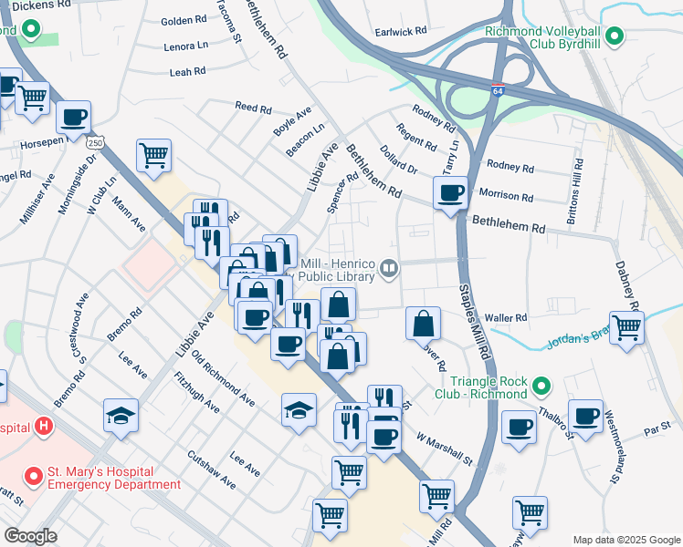 map of restaurants, bars, coffee shops, grocery stores, and more near 5305 Libbie Mill West Boulevard in Richmond