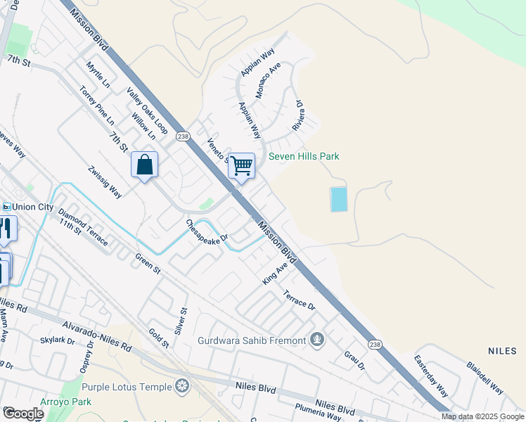 map of restaurants, bars, coffee shops, grocery stores, and more near 34864 Mission Boulevard in Union City