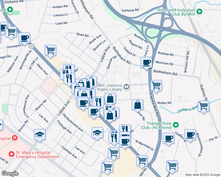 map of restaurants, bars, coffee shops, grocery stores, and more near 5305 Libbie Mill West Boulevard in Richmond