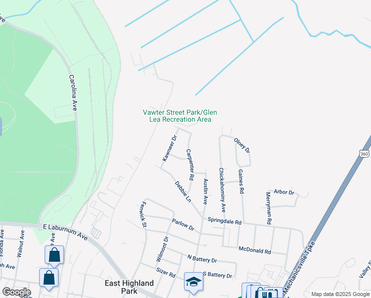 map of restaurants, bars, coffee shops, grocery stores, and more near 4602 Carpenter Road in Richmond