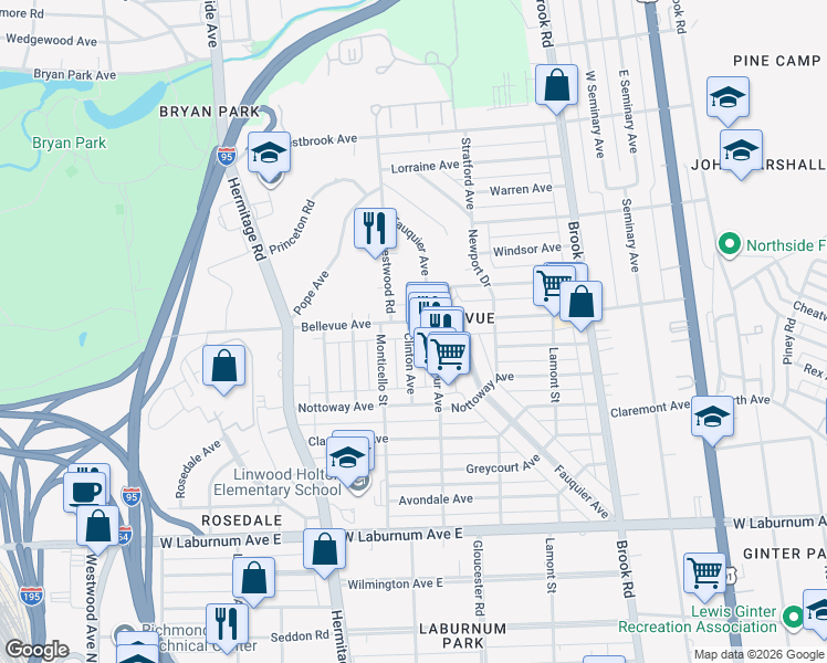 map of restaurants, bars, coffee shops, grocery stores, and more near 4032 Macarthur Avenue in Richmond