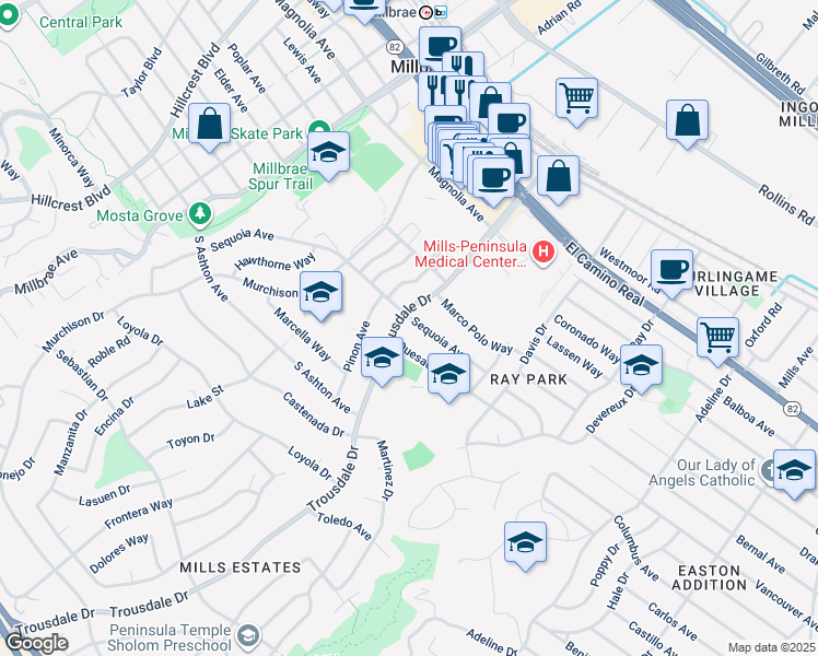 map of restaurants, bars, coffee shops, grocery stores, and more near 1766 Quesada Way in Burlingame