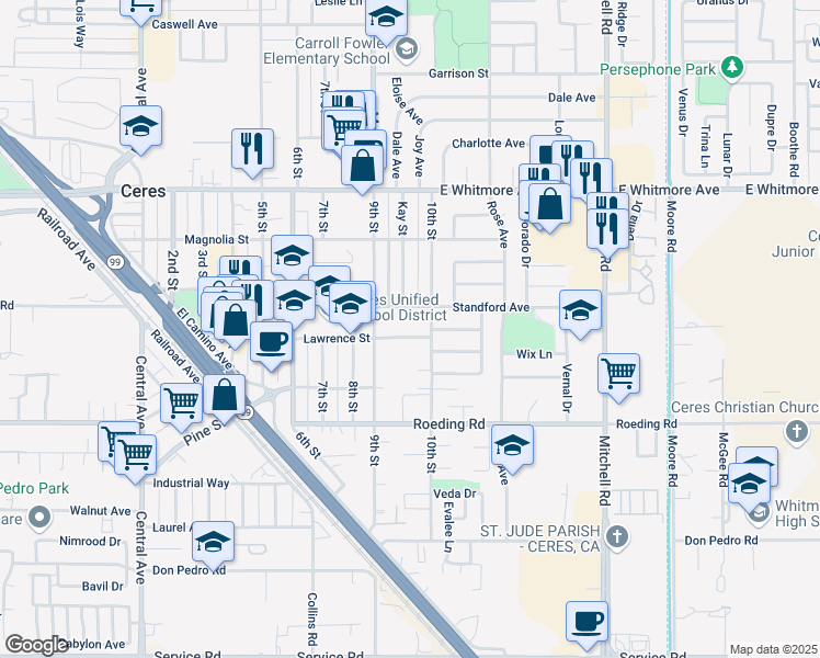 map of restaurants, bars, coffee shops, grocery stores, and more near 2631 Lawrence Street in Ceres