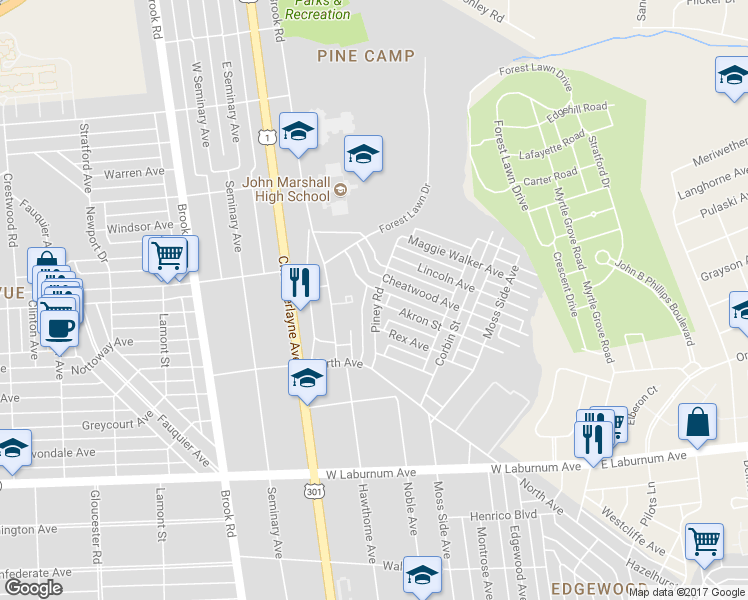 map of restaurants, bars, coffee shops, grocery stores, and more near 4100 Piney Road in Richmond