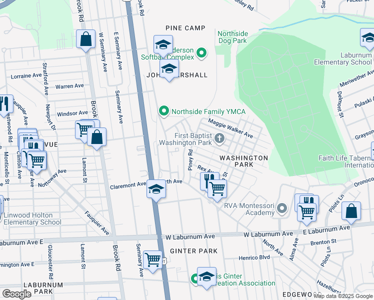 map of restaurants, bars, coffee shops, grocery stores, and more near 4100 Piney Road in Richmond