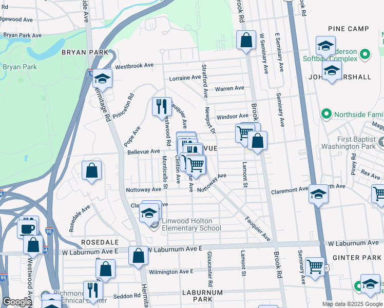map of restaurants, bars, coffee shops, grocery stores, and more near 1423 Bellevue Avenue in Richmond