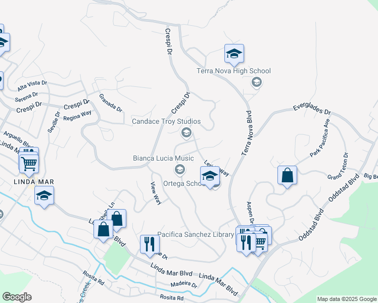 map of restaurants, bars, coffee shops, grocery stores, and more near 1227 Redwood Way in Pacifica