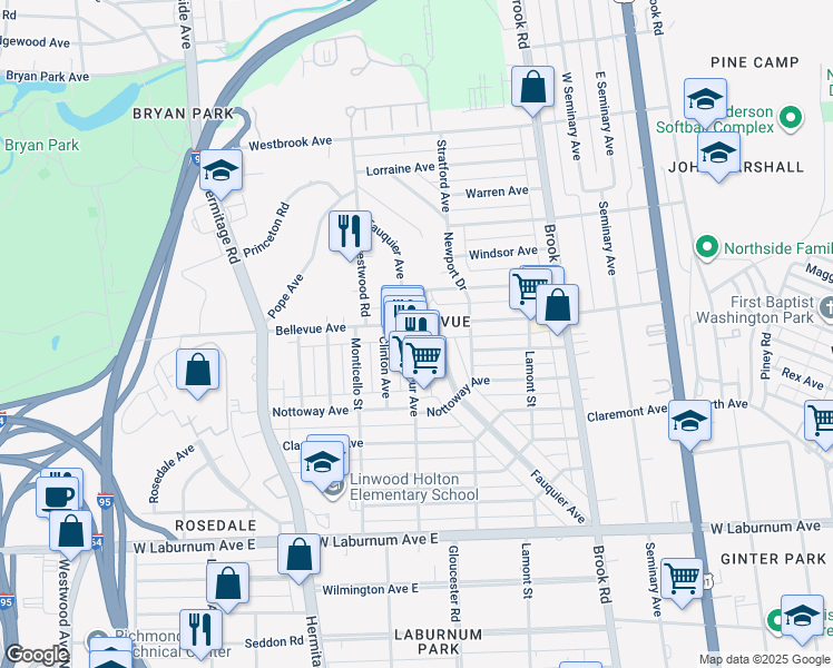 map of restaurants, bars, coffee shops, grocery stores, and more near 1423 Bellevue Avenue in Richmond
