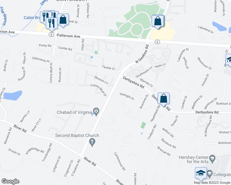 map of restaurants, bars, coffee shops, grocery stores, and more near 9635 Gaslight Place in Richmond