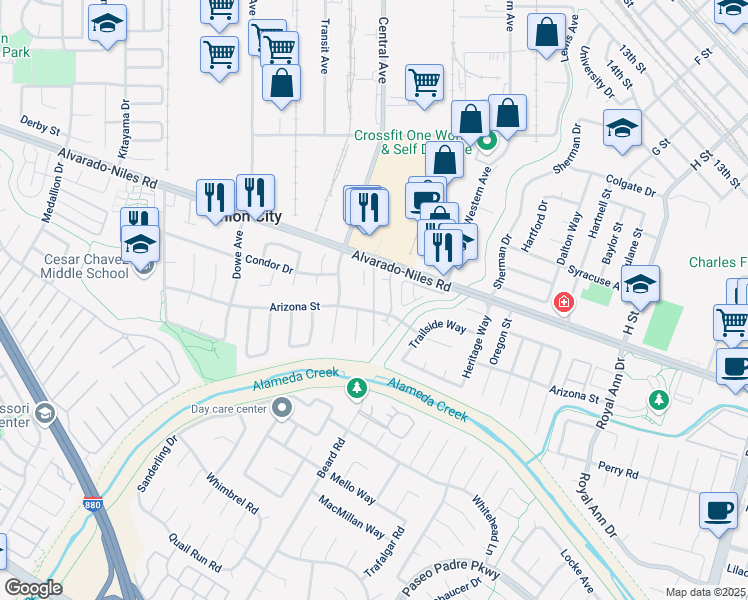 map of restaurants, bars, coffee shops, grocery stores, and more near 2573 Village Drive in Union City