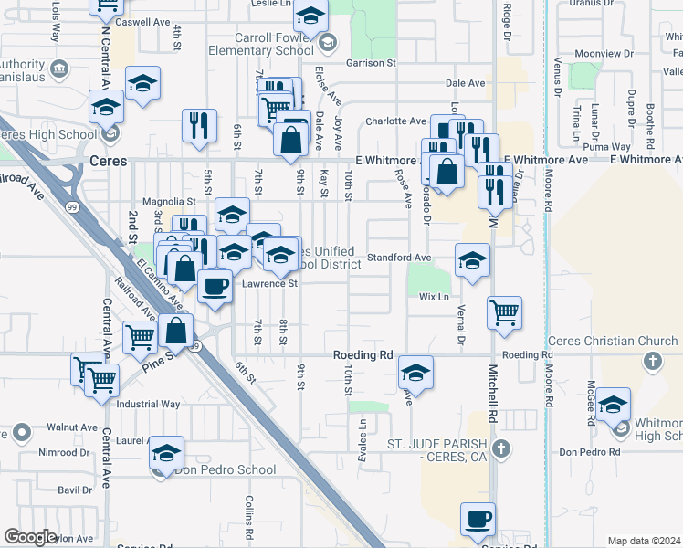 map of restaurants, bars, coffee shops, grocery stores, and more near 2616 Lawrence Street in Ceres