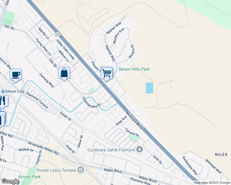 map of restaurants, bars, coffee shops, grocery stores, and more near 34633 South Cascades Circle in Union City