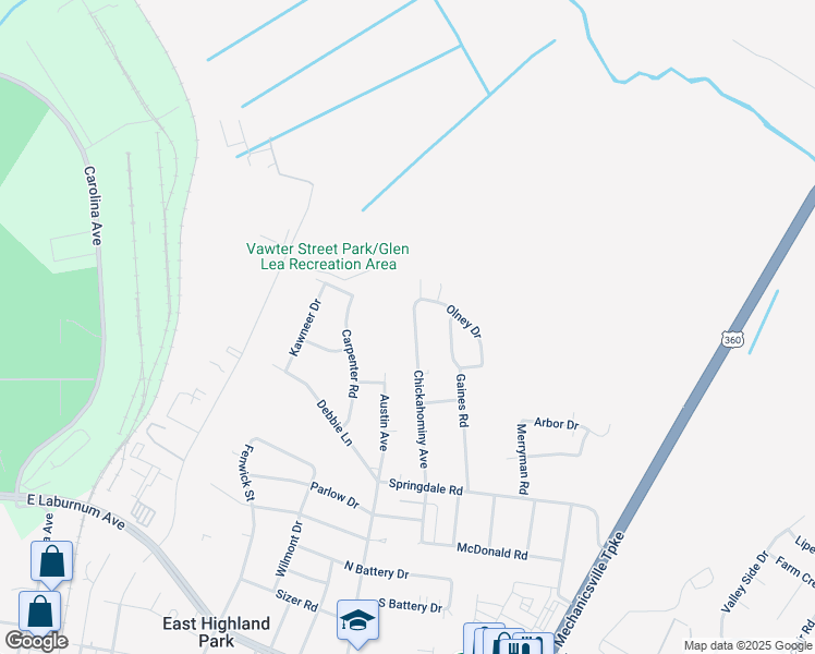map of restaurants, bars, coffee shops, grocery stores, and more near 4416 Chickahominy Avenue in Richmond