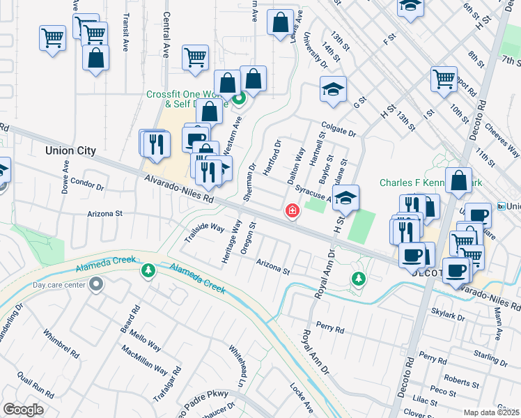 map of restaurants, bars, coffee shops, grocery stores, and more near 33787 Remington Drive in Union City