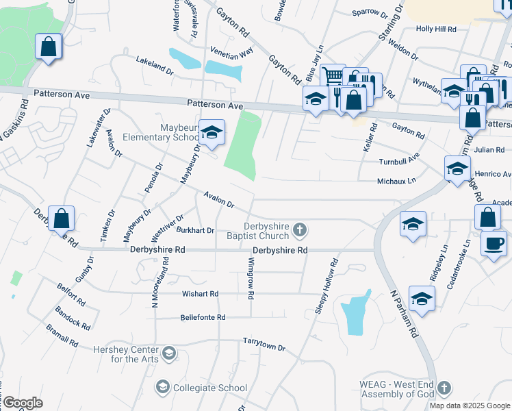 map of restaurants, bars, coffee shops, grocery stores, and more near 9017 Midway Road in Henrico