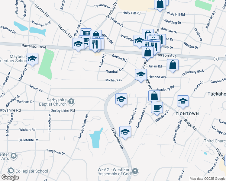 map of restaurants, bars, coffee shops, grocery stores, and more near 9017 Midway Road in Henrico