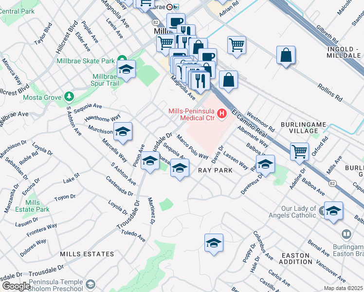 map of restaurants, bars, coffee shops, grocery stores, and more near 1761 Marco Polo Way in Burlingame