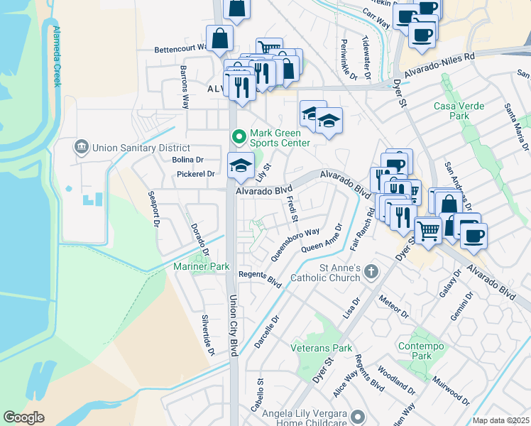map of restaurants, bars, coffee shops, grocery stores, and more near 4422 Alamo Street in Union City