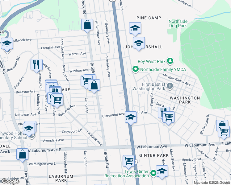 map of restaurants, bars, coffee shops, grocery stores, and more near 3913 Seminary Avenue in Richmond