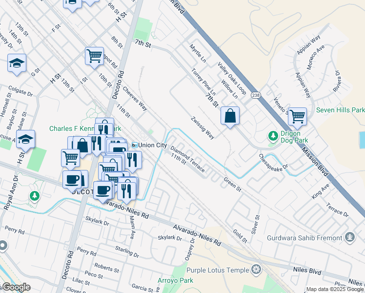map of restaurants, bars, coffee shops, grocery stores, and more near 1027 Chalcedony Terrace in Union City