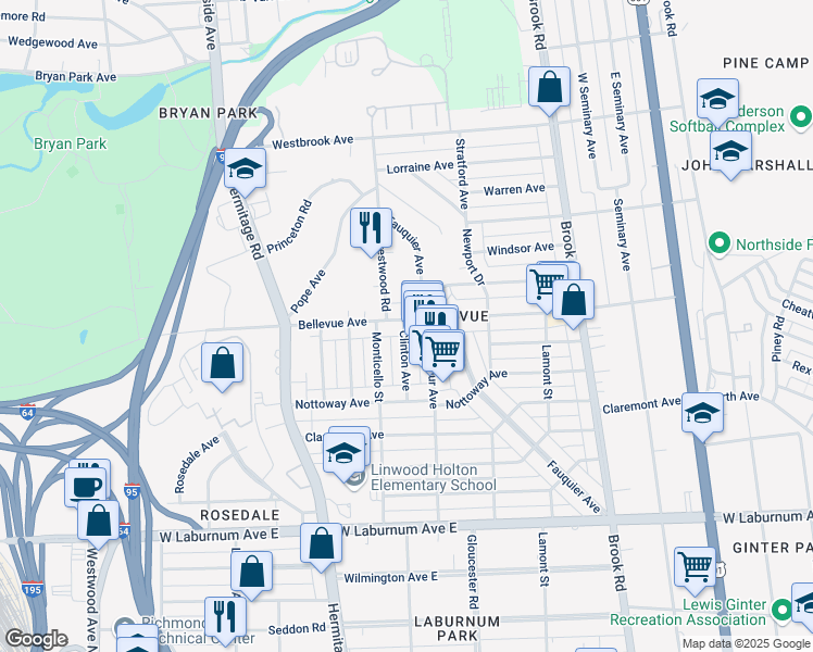 map of restaurants, bars, coffee shops, grocery stores, and more near in Richmond
