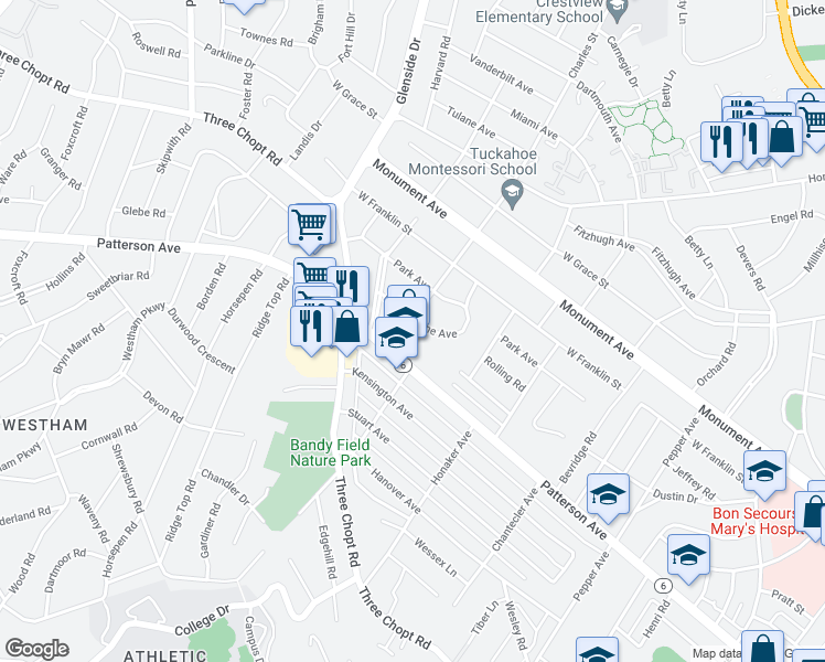 map of restaurants, bars, coffee shops, grocery stores, and more near 6823 Edmonstone Avenue in Richmond