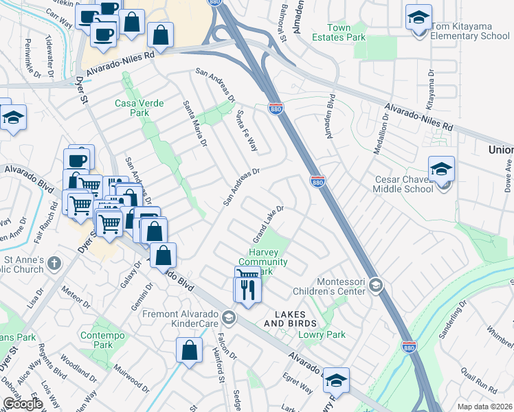 map of restaurants, bars, coffee shops, grocery stores, and more near 3377 Grand Lake Drive in Fremont