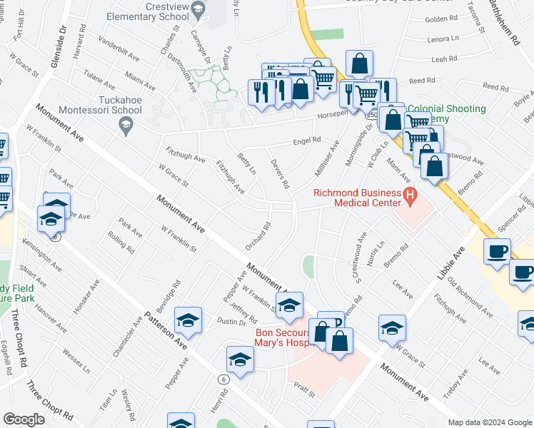 map of restaurants, bars, coffee shops, grocery stores, and more near 6401 Fitzhugh Avenue in Richmond