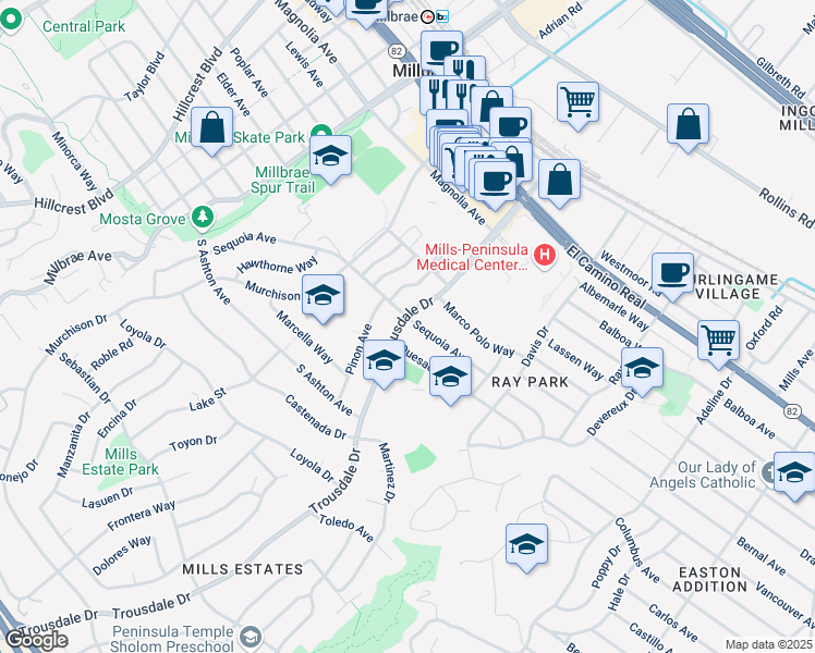 map of restaurants, bars, coffee shops, grocery stores, and more near 1766 Quesada Way in Burlingame