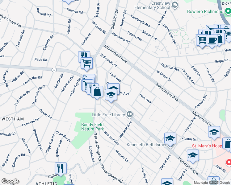 map of restaurants, bars, coffee shops, grocery stores, and more near 6823 Edmonstone Avenue in Richmond