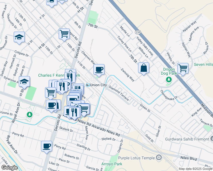 map of restaurants, bars, coffee shops, grocery stores, and more near 35005 11th Street in Union City