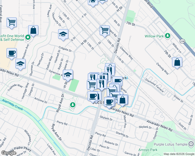 map of restaurants, bars, coffee shops, grocery stores, and more near 1501 Decoto Road in Union City